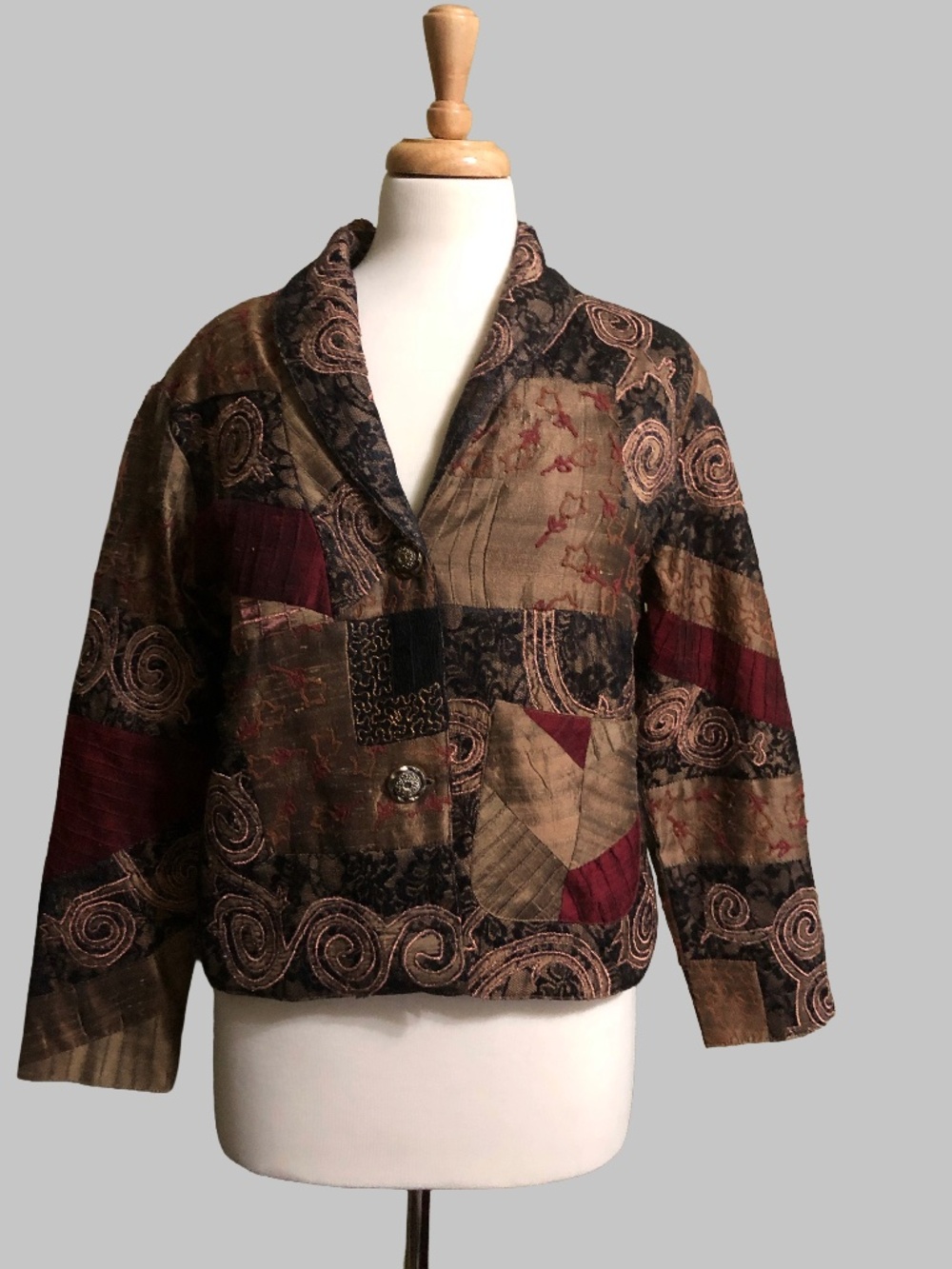 Coldwater Creek Silk Blend Patchwork Jacket Size Small Boho Eclectic Embroidered